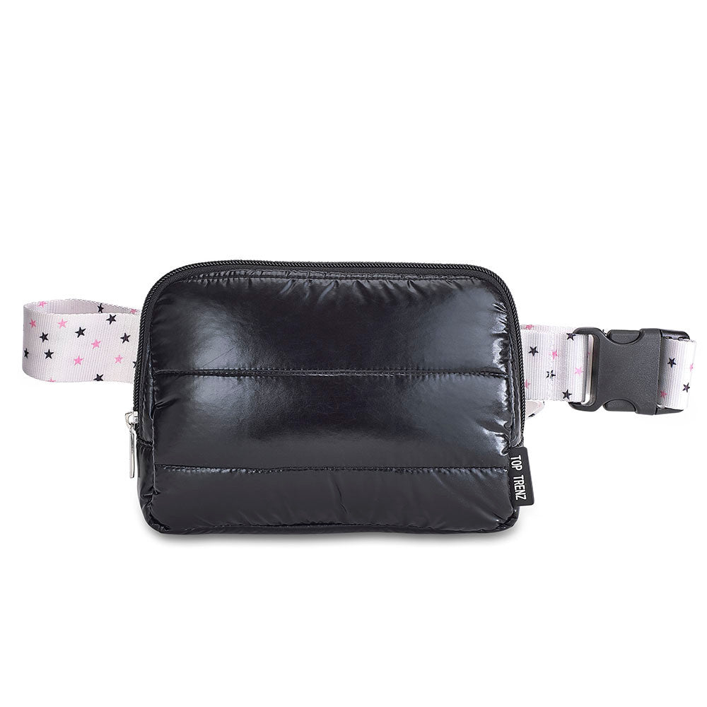 Black Puffer Belt Bag with Twinkle Star Strap – Trendy Crossbody Fanny Pack | Top Trenz