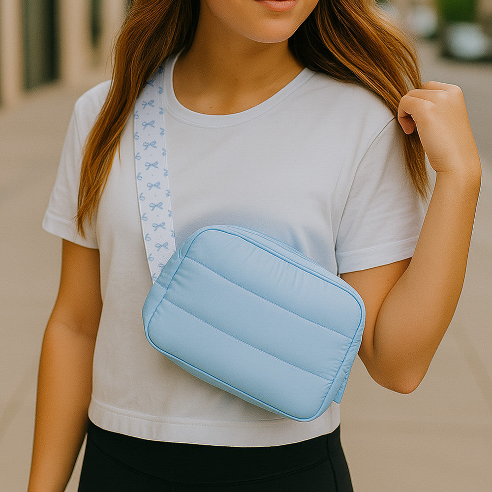 Blue Puffer Belt Bag with Bow Strap – Trendy Crossbody Fanny Pack for Girls | Top Trenz