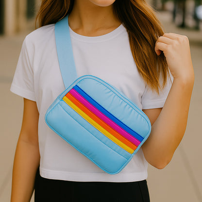 Blue Striped Puffer Belt Bag - Adjustable Fanny Pack | Top Trenz