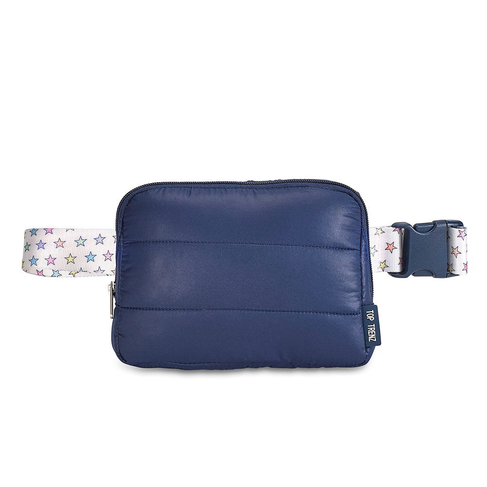 Navy Puffer Belt Bag with Rainbow Stars Strap – Trendy Crossbody Fanny Pack for Girls | Top Trenz