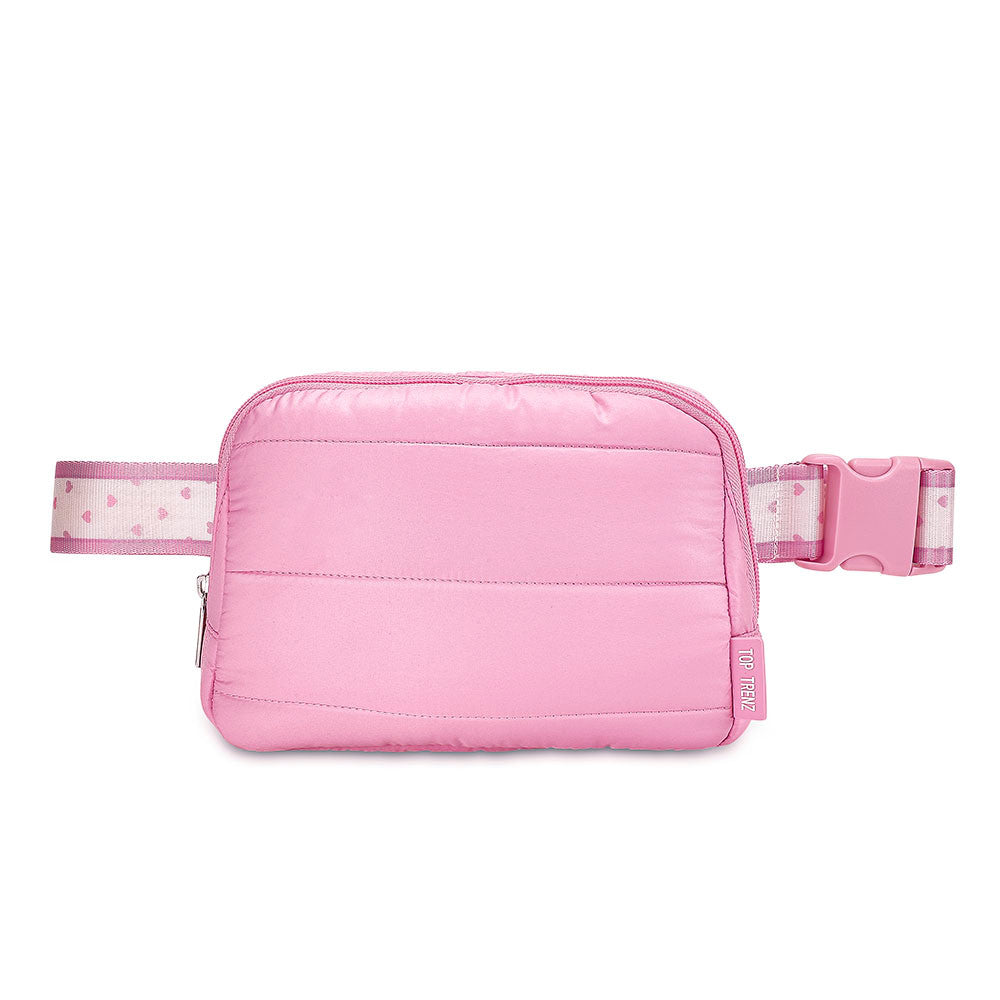 Pink Puffer Belt Bag with Heart Strap – Trendy Crossbody Fanny Pack | Top Trenz