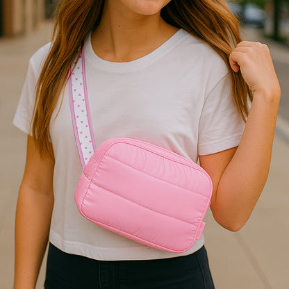 Pink Puffer Belt Bag with Heart Strap – Trendy Crossbody Fanny Pack | Top Trenz