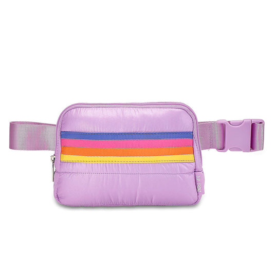 Purple Puffer Striped Belt Bag – Trendy Fanny Pack Crossbody | Top Trenz