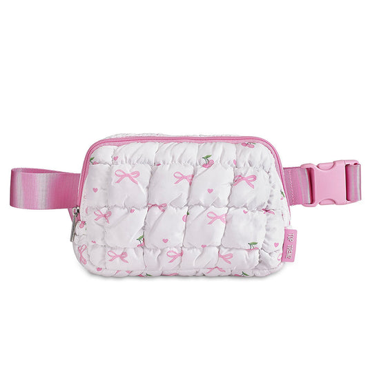 White Puffer Belt Bag with Cherry & Bow Pattern – Trendy Crossbody Fanny Pack for Girls | Top Trenz