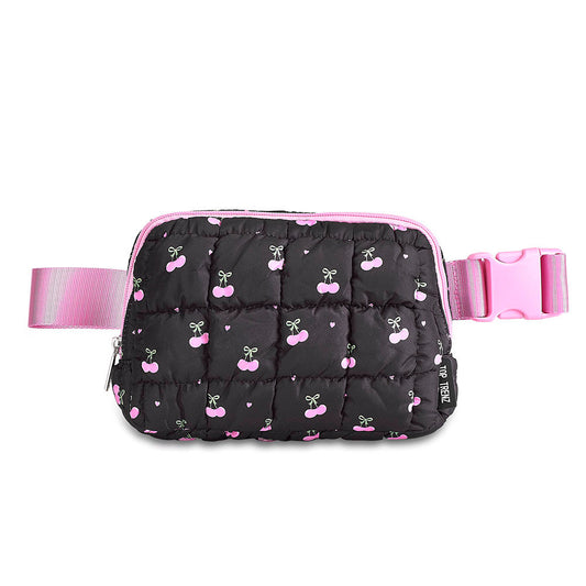 Black Scrunchie Puffer Belt Bag with Cherry Pattern – Trendy Crossbody Fanny Pack for Girls | Top Trenz