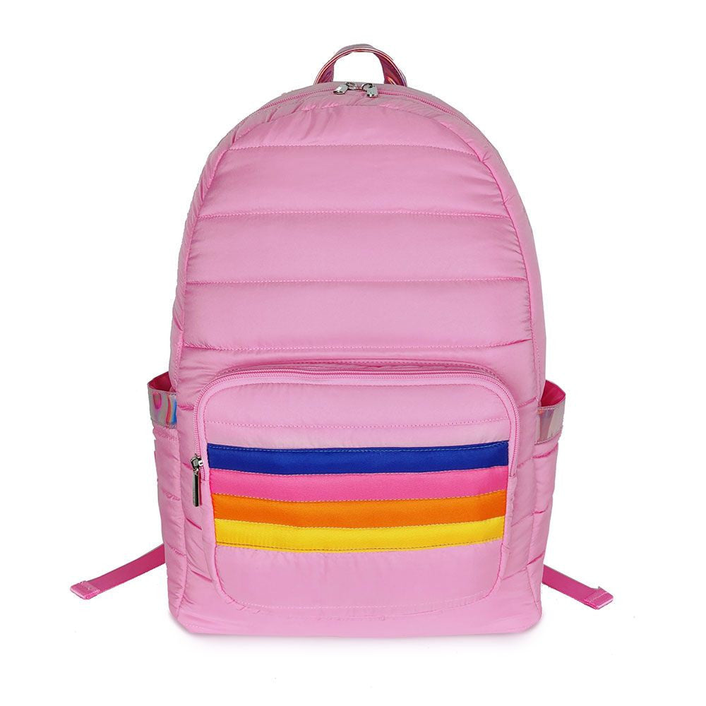 Puffer Pink School School bags with rainbow stripe designs | Top Trenz