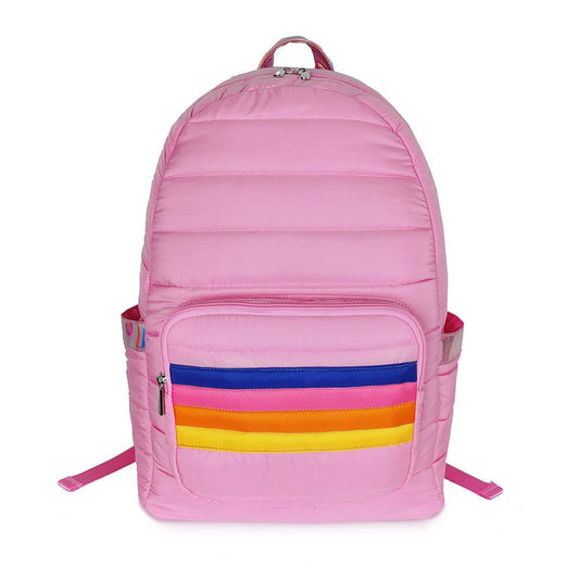 Puffer Pink School School bags with rainbow stripe designs | Top Trenz