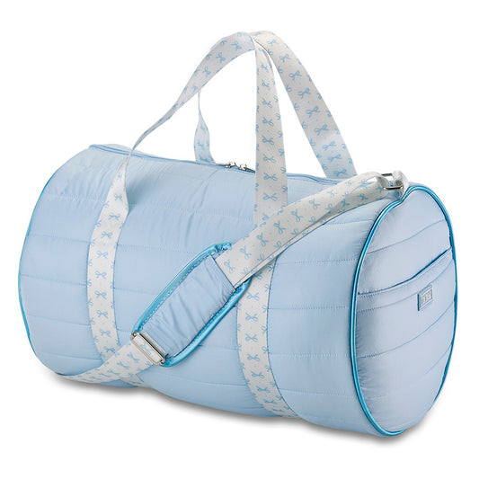 Blue Puffer Duffel Bag with Bow Ribbon Straps – Cute Travel, Gym & Overnight Bag for Girls | Top Trenz