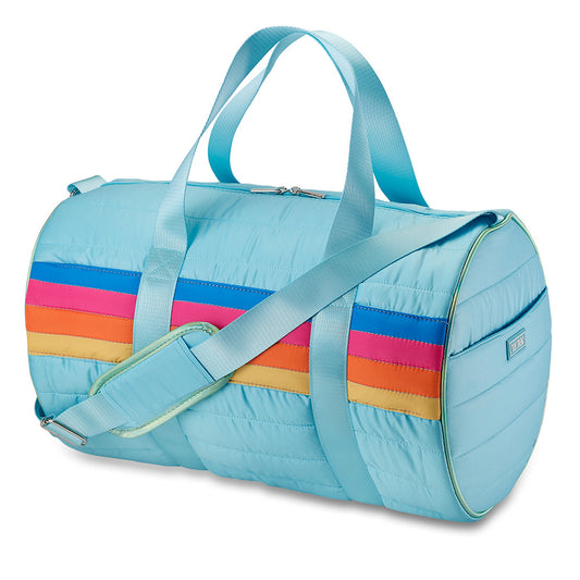 Retro Stripe Blue Puffer Duffle Bag - Trendy Gym & Sleepover Bag | Top Trenz