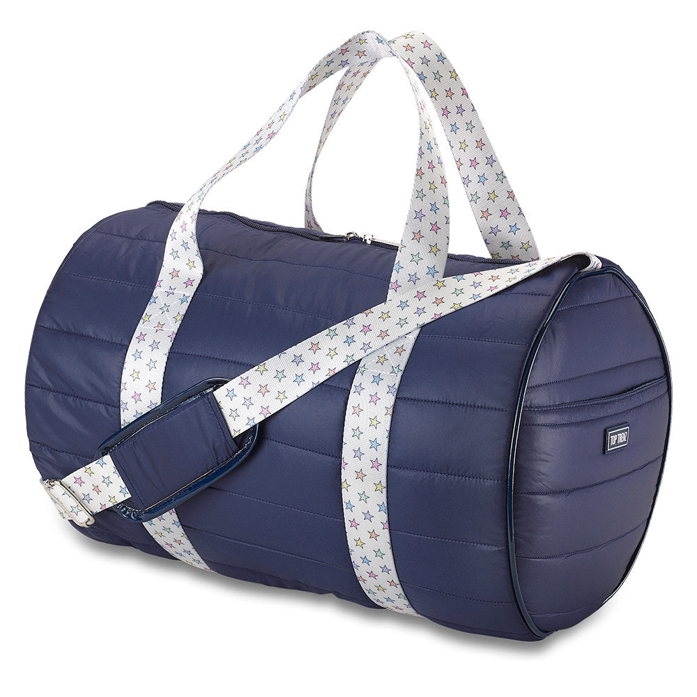 Navy Puffer Duffel Bag with Multicolor Star Straps – Fun Travel, Gym & Overnight Bag for Girls | Top Trenz