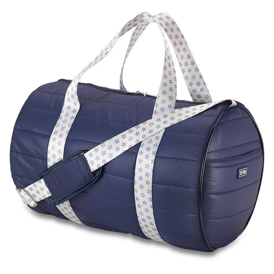 Navy Puffer Duffel Bag with Multicolor Star Straps – Fun Travel, Gym & Overnight Bag for Girls | Top Trenz