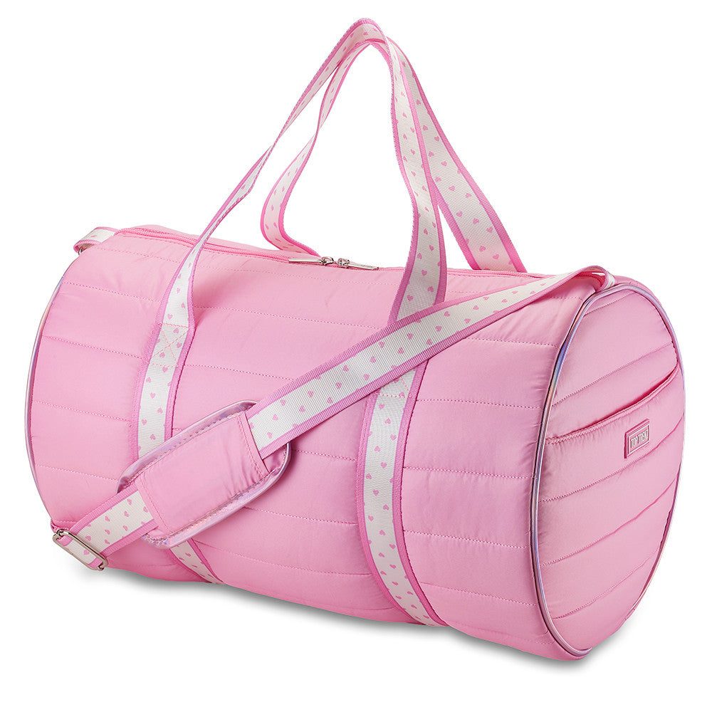 Pink Puffer Duffel Bag with Heart Strap – Trendy Overnight, Gym & Travel Bag for Girls | Top Trenz