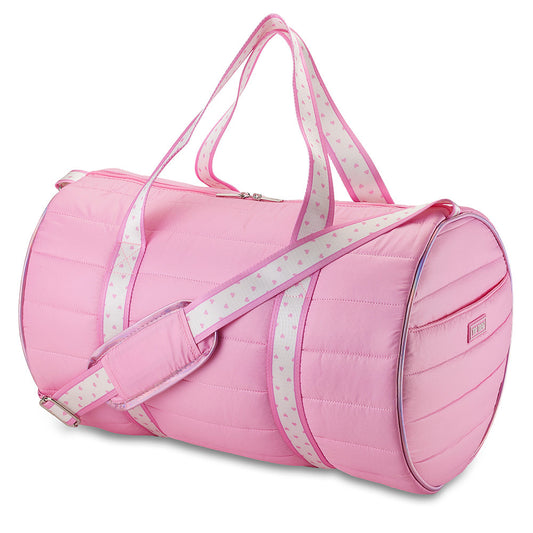 Pink Puffer Duffel Bag with Heart Strap – Trendy Overnight, Gym & Travel Bag for Girls | Top Trenz