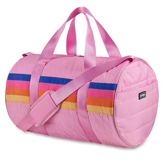 Retro Stripe Pink Puffer Duffle Bag - Trendy Gym & Sleepover Bag | Top Trenz