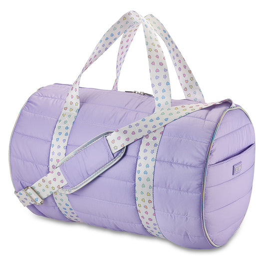 Purple Puffer Duffel Bag with Rainbow Heart Straps – Trendy Overnight, Gym & Travel Bag for Girls and Teens | Top Trenz