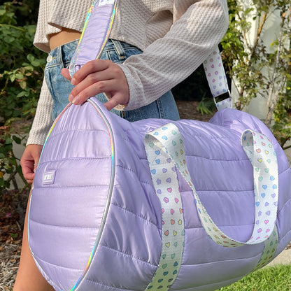 Purple Puffer Duffel Bag with Rainbow Heart Straps – Trendy Overnight, Gym & Travel Bag for Girls and Teens | Top Trenz