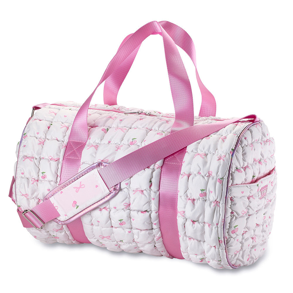 White Scrunchie Puffer Duffel Bag with Bow & Cherry Pattern – Trendy Overnight, Gym & Travel Bag for Girls | Top Trenz