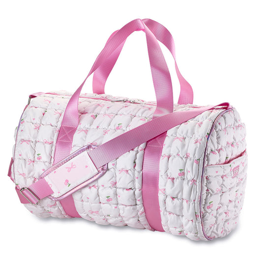 White Scrunchie Puffer Duffel Bag with Bow & Cherry Pattern – Trendy Overnight, Gym & Travel Bag for Girls | Top Trenz