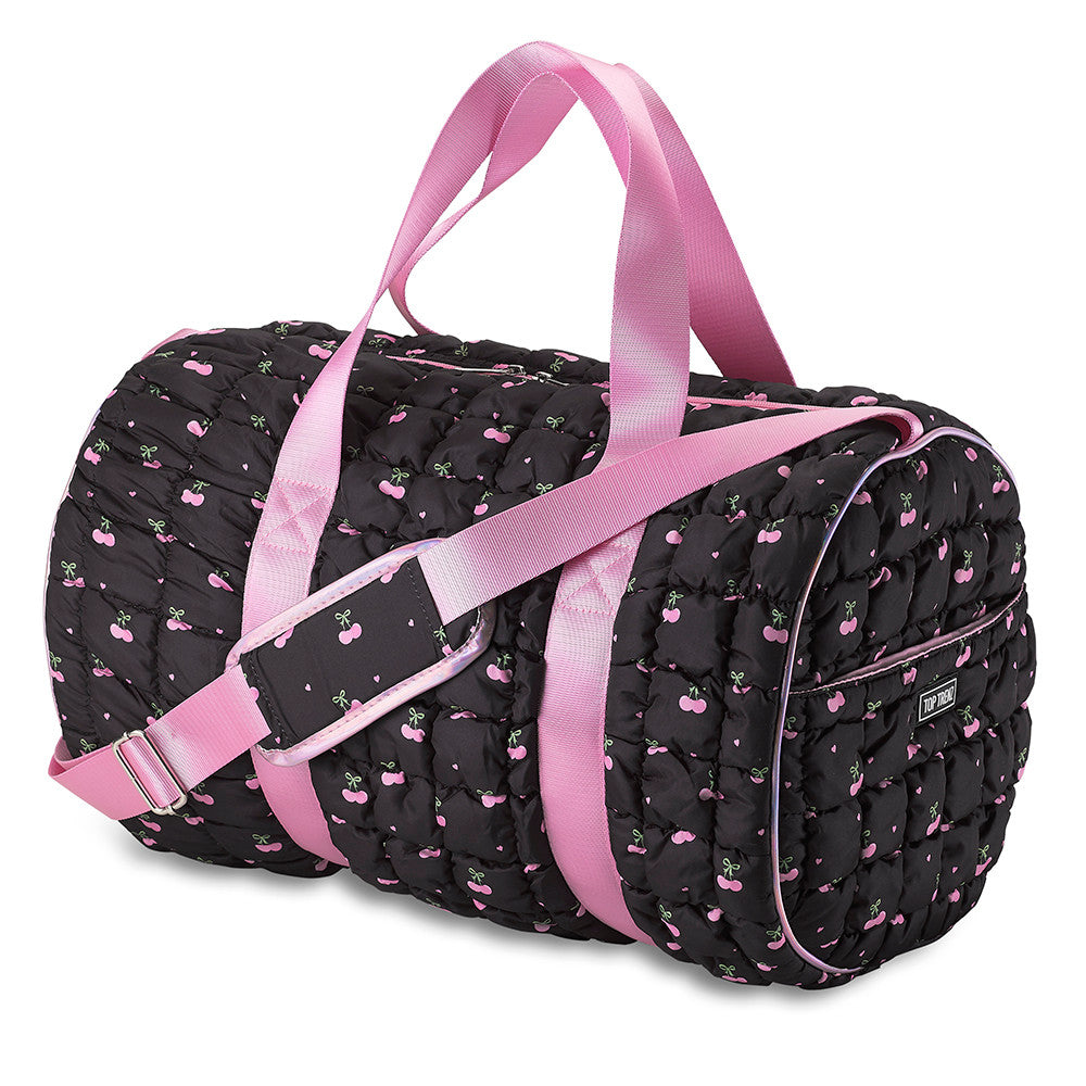 Black Puffer Duffel Bag with Cherry Pattern – Cute Travel, Gym & Overnight Bag for Girls | Top Trenz