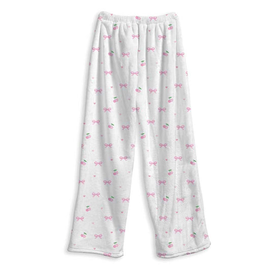 Girls Fuzzy Lounge Pants Cherry And Bows – Soft Cozy Pajama Bottoms | Top Trenz