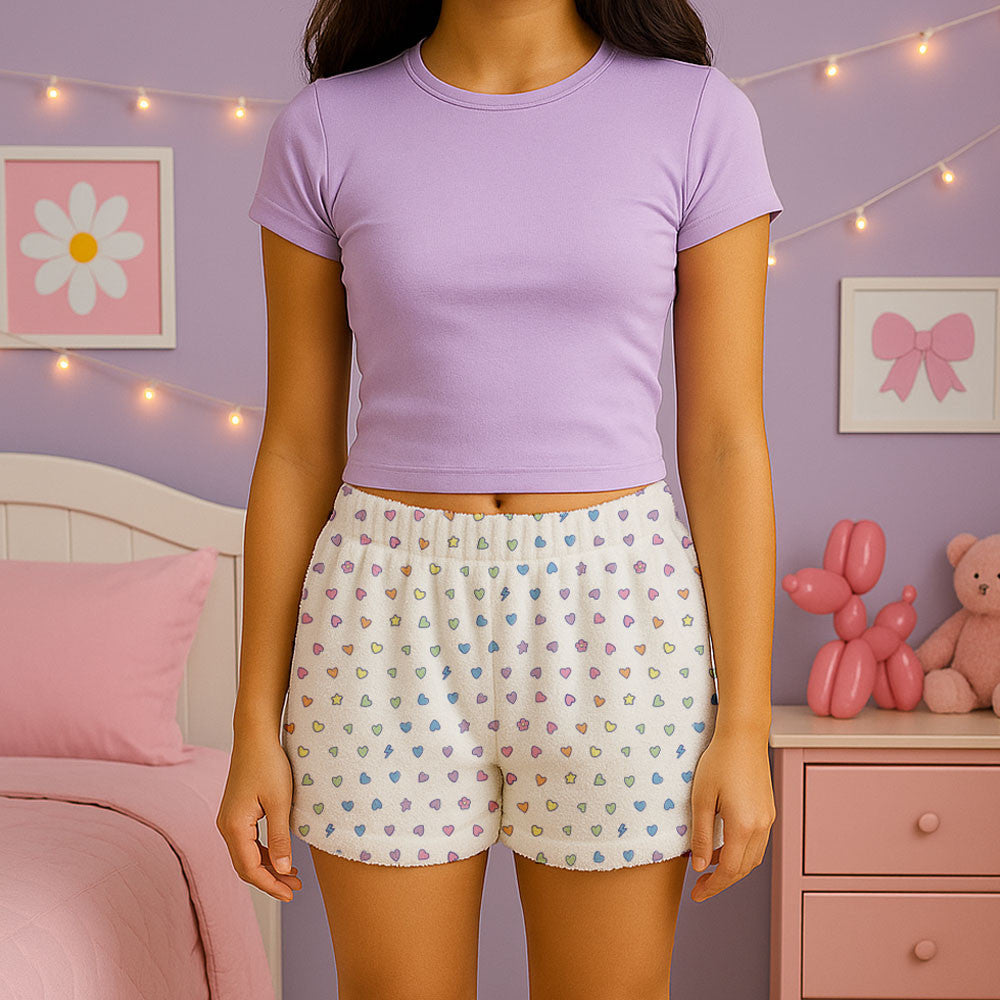Rainbow Heart Fuzzy Lounge Shorts For Kids And Tweens | Top Trenz