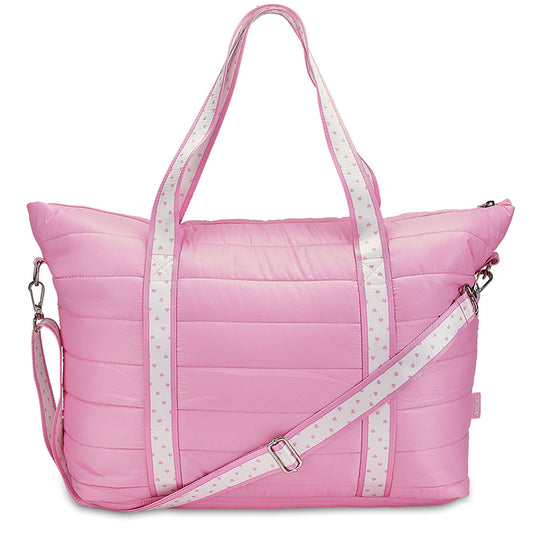 Trendy Pink Puffer Tote Bag – Heart Strap Shoulder Bag | Top Trenz
