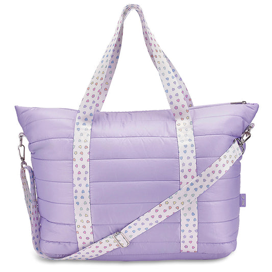 Purple Quilted Puffer Tote – Colorful Heart Strap Travel Bag | Top Trenz