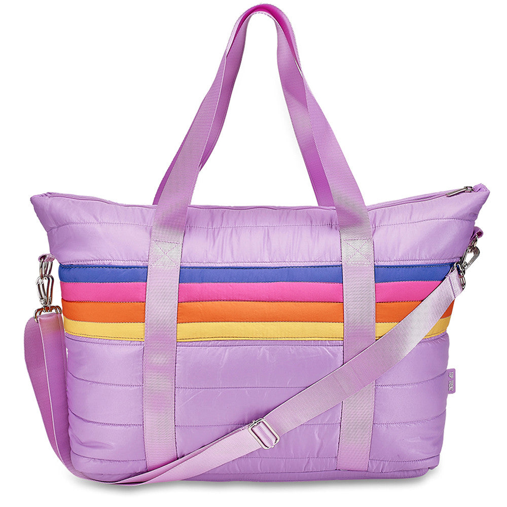 Purple Retro Stripe Puffer Weekender Bag – Stylish Travel Tote for Girls & Teens | Top Trenz