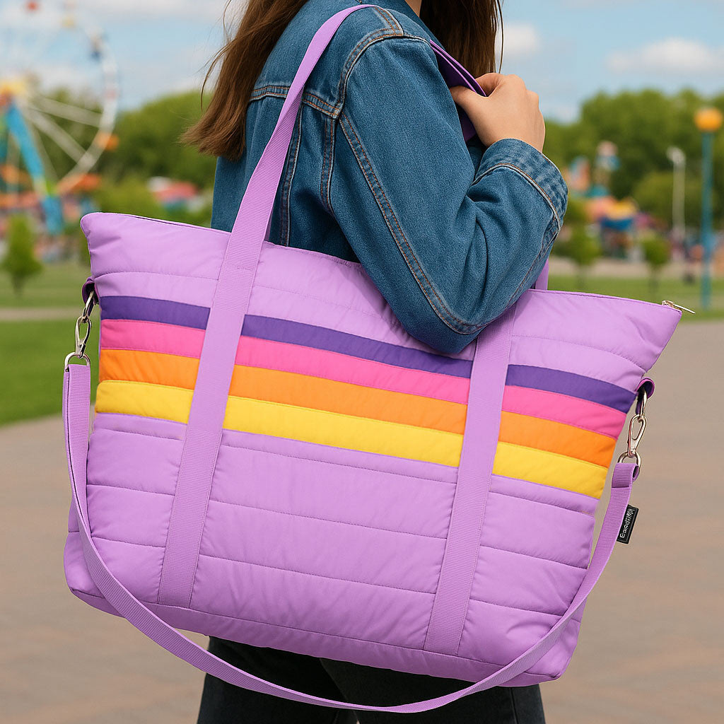 Purple Retro Stripe Puffer Weekender Bag – Stylish Travel Tote for Girls & Teens | Top Trenz