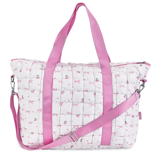 White Puffer Scrunchie Tote Bag – Cherry & Bows Print - Trendy & Cute Everyday Bag | Top Trenz