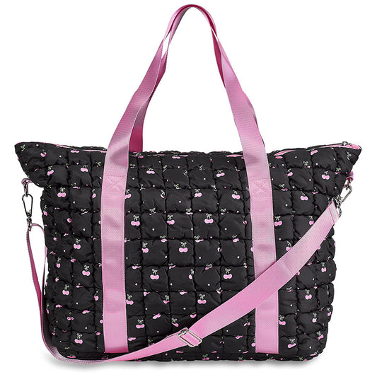 Black Puffer Scrunchie Weekender Tote Bag – Cherry Print with Adjustable Strap | Top Trenz