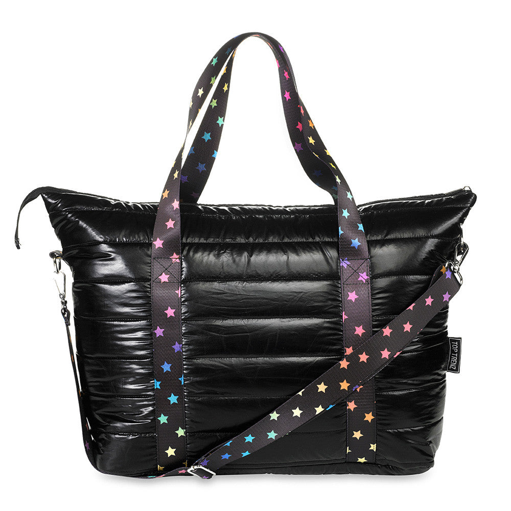 Amazing Black Puffer Tote With Decorative Straps | Top Trenz