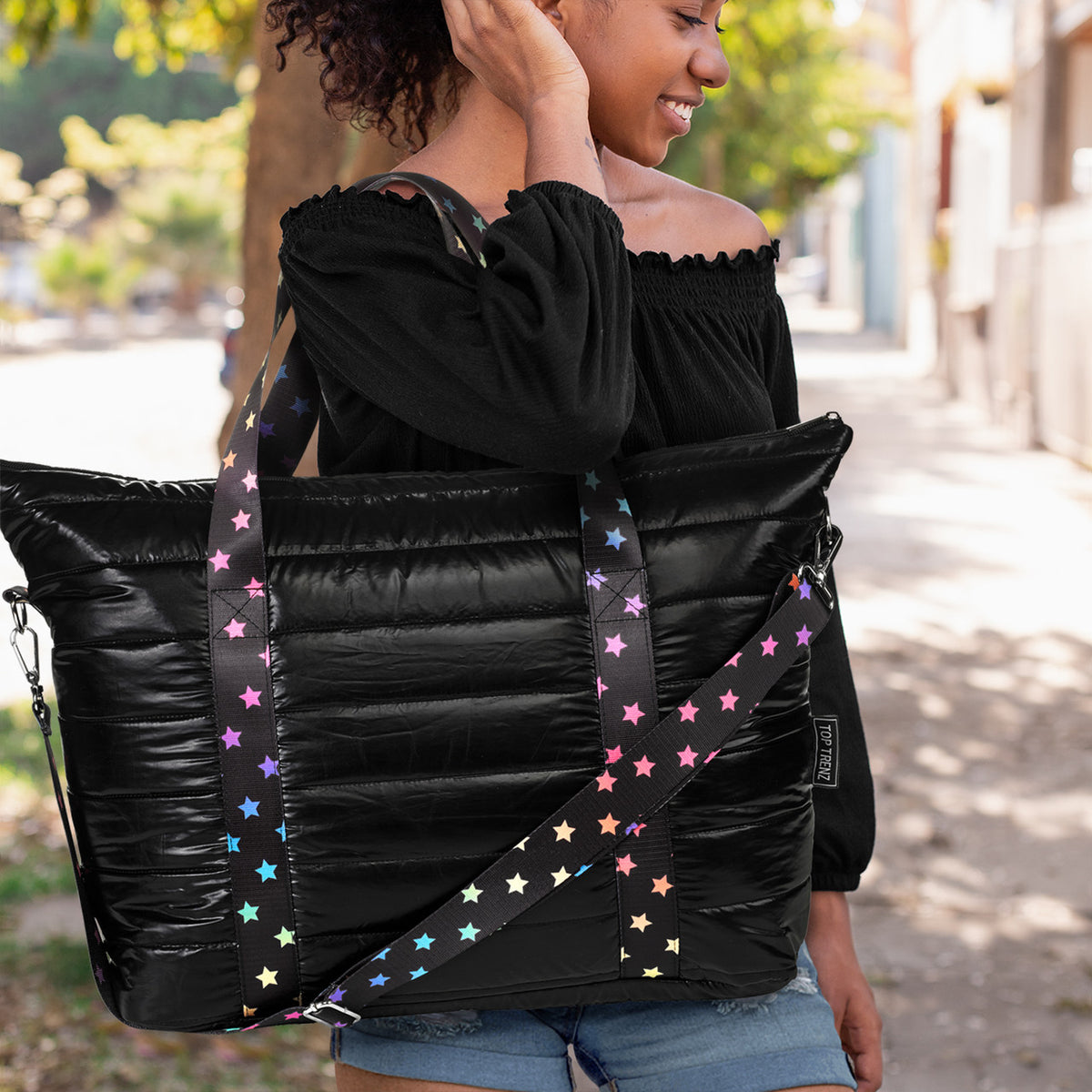Amazing Black Puffer Tote With Decorative Straps | Top Trenz