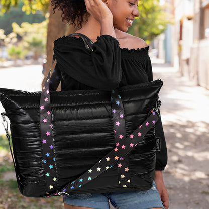 Amazing Black Puffer Tote With Decorative Straps | Top Trenz