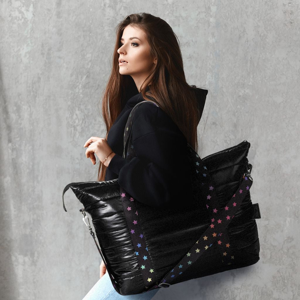 Amazing Black Puffer Tote With Decorative Straps | Top Trenz