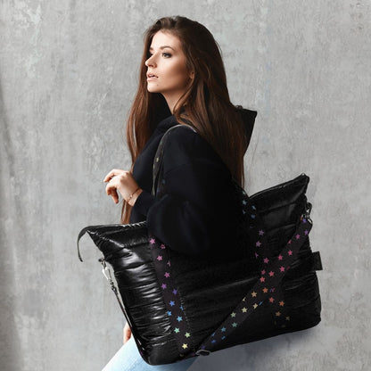 Amazing Black Puffer Tote With Decorative Straps | Top Trenz